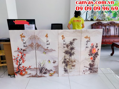 In tranh canvas bộ tứ quý Đào Lan Cúc Trúc